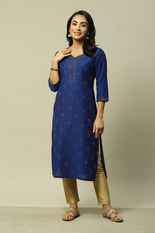 Blue LIVA Straight Printed Kurta image number 0