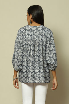 Grey & Blue Cotton Tiered Printed Top image number 4