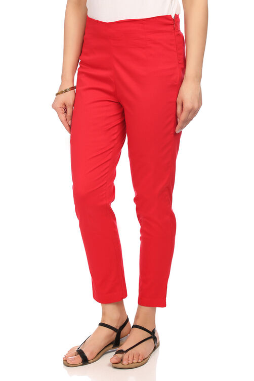 Red Cotton Slim Pants image number 1