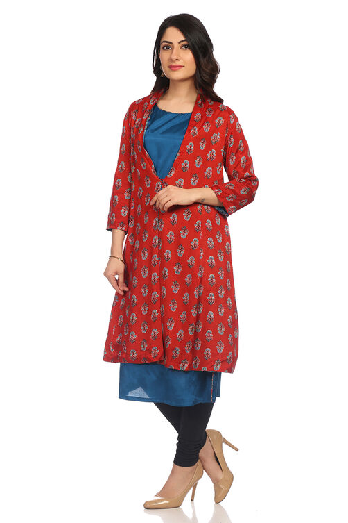 Teal Blue Flared Viscose Jacket image number 3