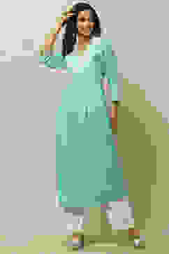 Cyan Blue Rayon Slub Tiered Dress image number 2