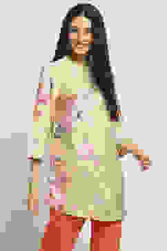 Lime Green Floral Printed Short Kurta image number 4