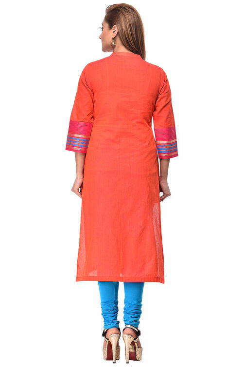 Pink Straight Cotton Kurta image number 3