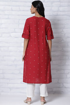 Red Poly Cotton Straight Kurta image number 5