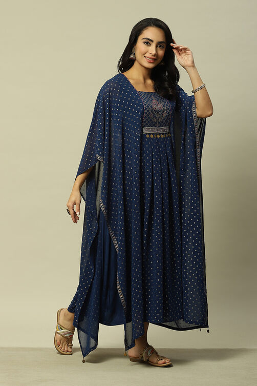 Navy Blue Polyester Straight Printed Kaftan image number 4