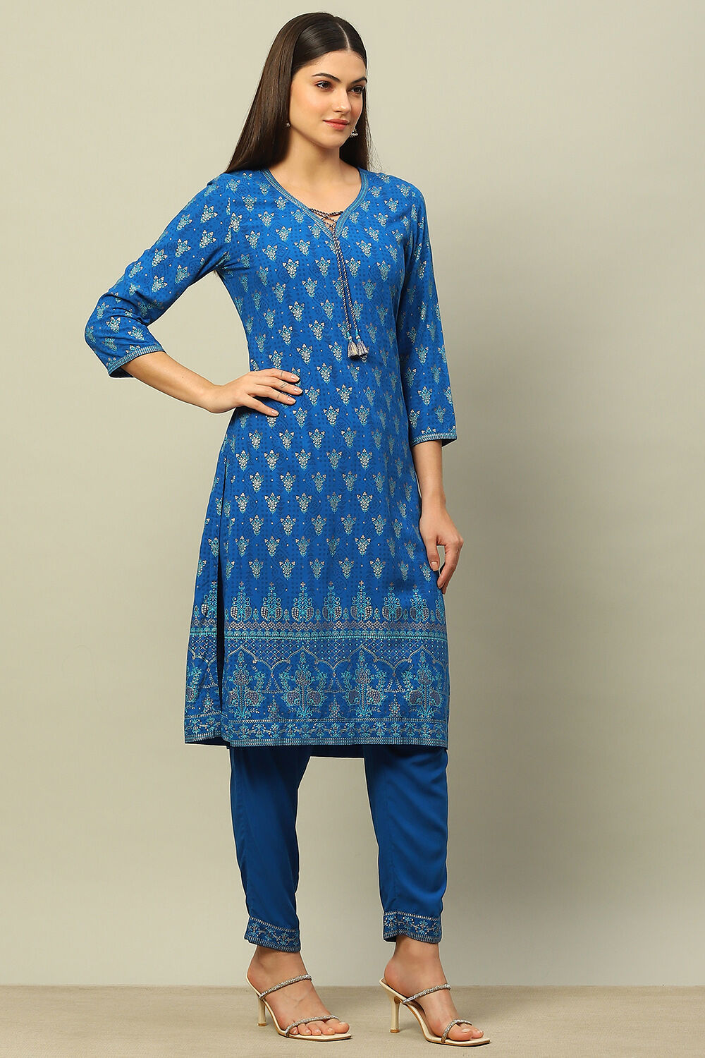Blue Rayon Straight Printed Kurta Salwar Pants Suit Set image number 5