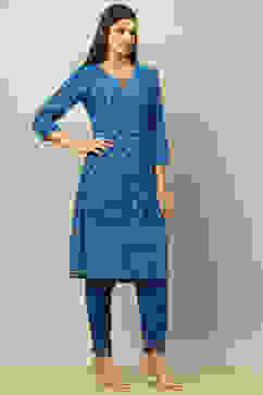 Blue Rayon Straight Printed Kurta Salwar Pants Suit Set image number 5