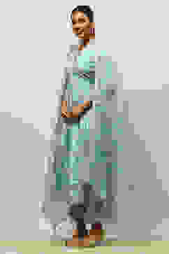 Dusty Blue Viscose Shantoon Kalidar Embroidered Kurta Palazzo Suit Set image number 3