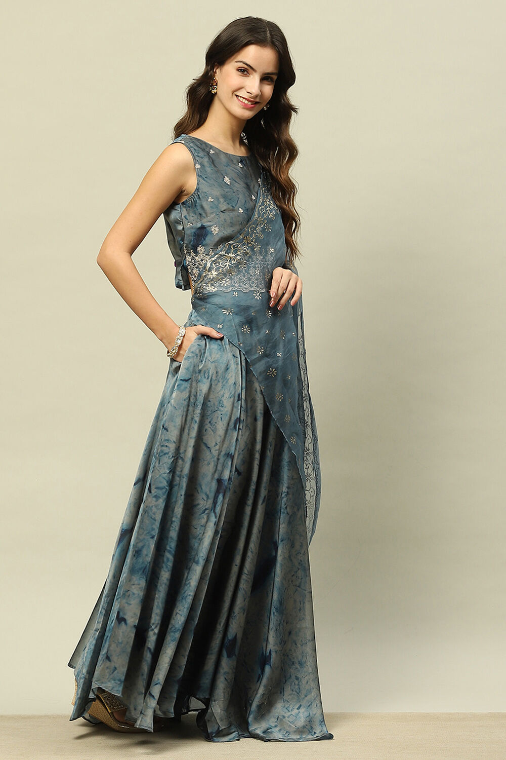 Blue Poly Georgette Straight Printed Crop Top Skirt Set image number 5