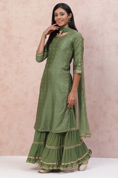 Olive Green Poly Cotton Straight Suit Set image number 4