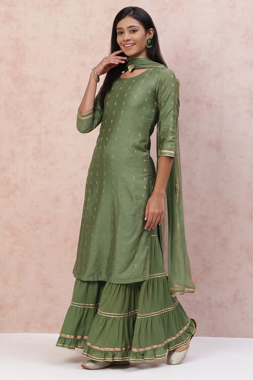 Olive Green Poly Cotton Straight Suit Set image number 4