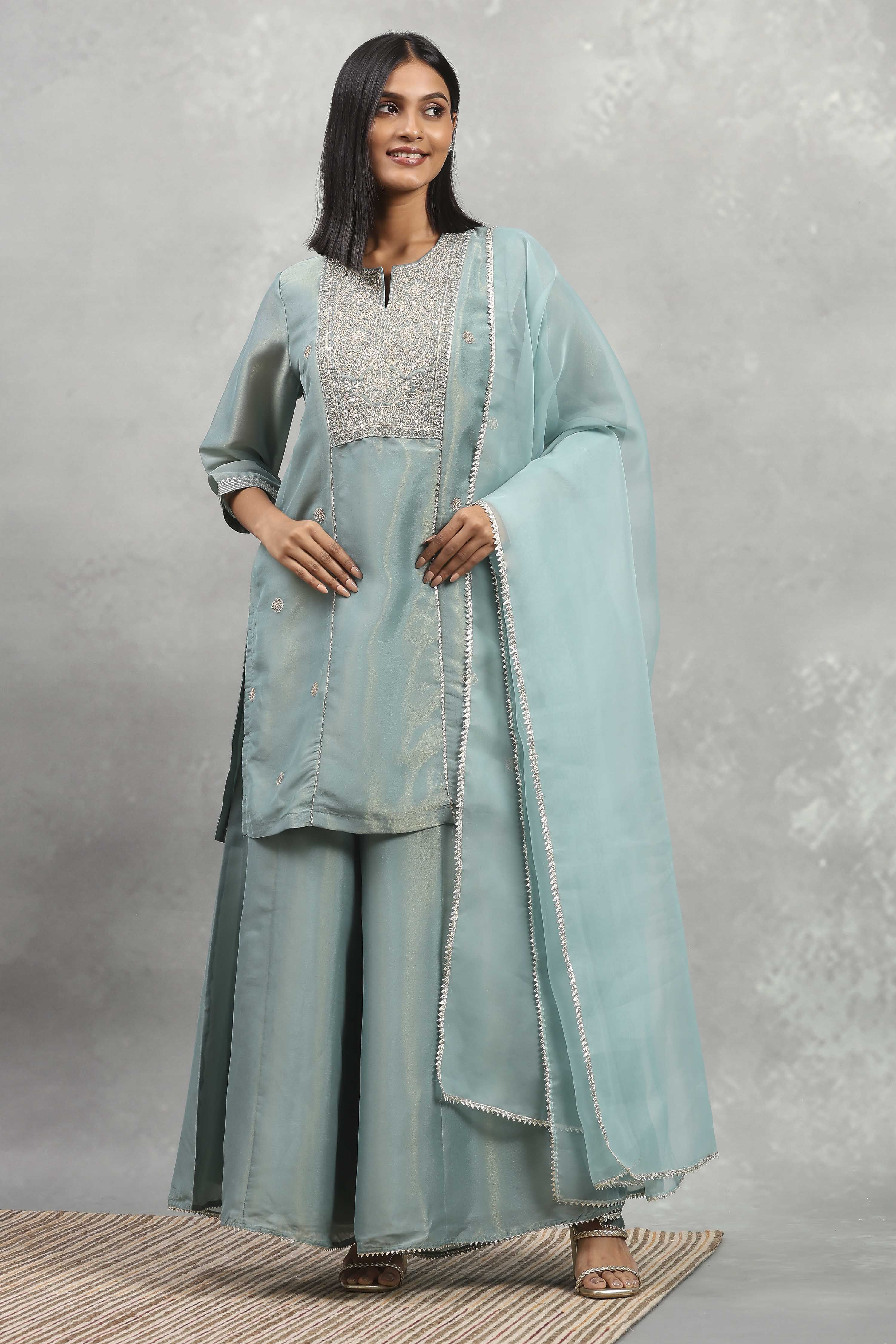 Dust Blue Tissue Solid Straight Suit Set image number 6