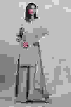 Dust Blue Tissue Solid Straight Suit Set image number 6