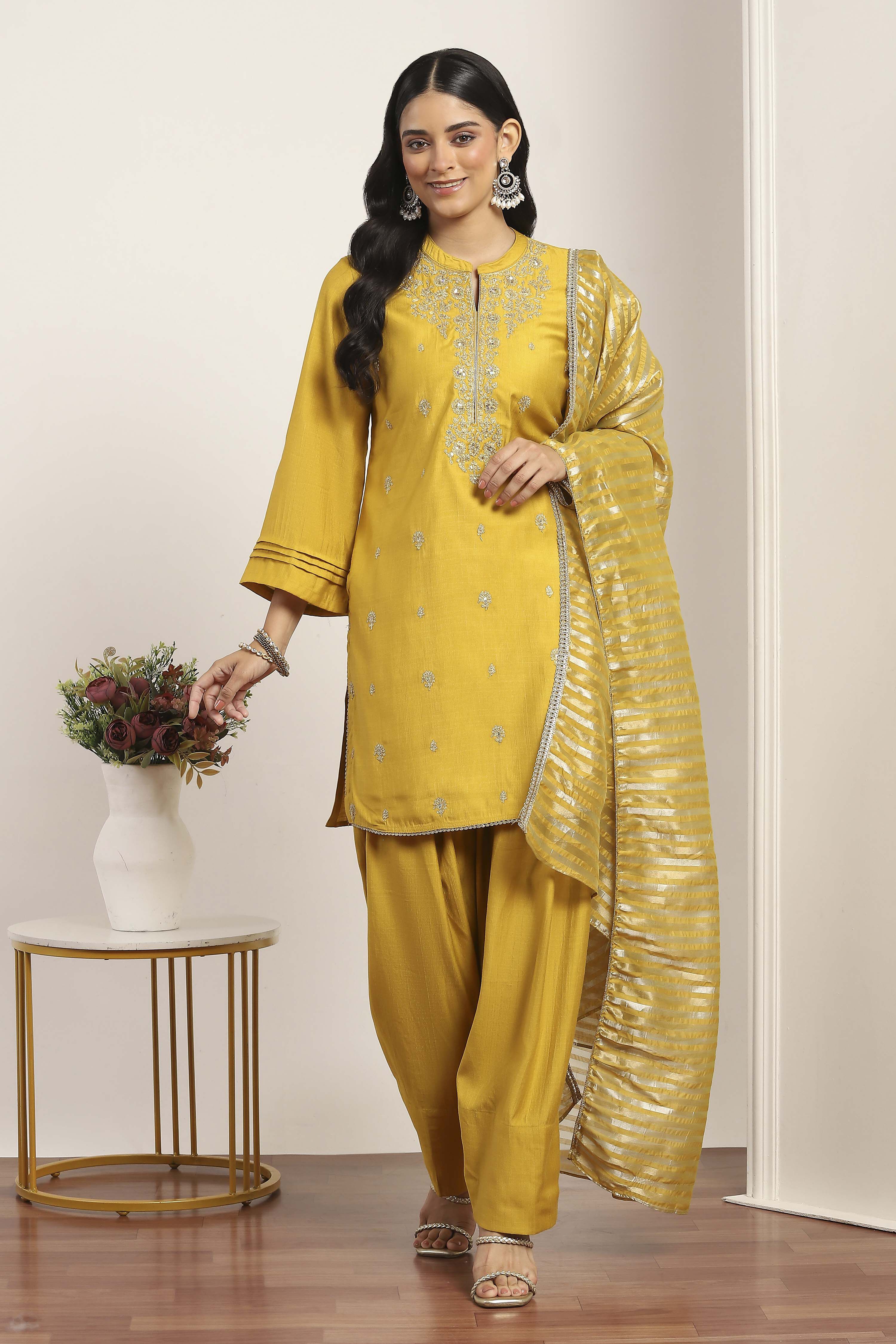 Yellow Viscose Polyester Straight Suit Sets image number 0