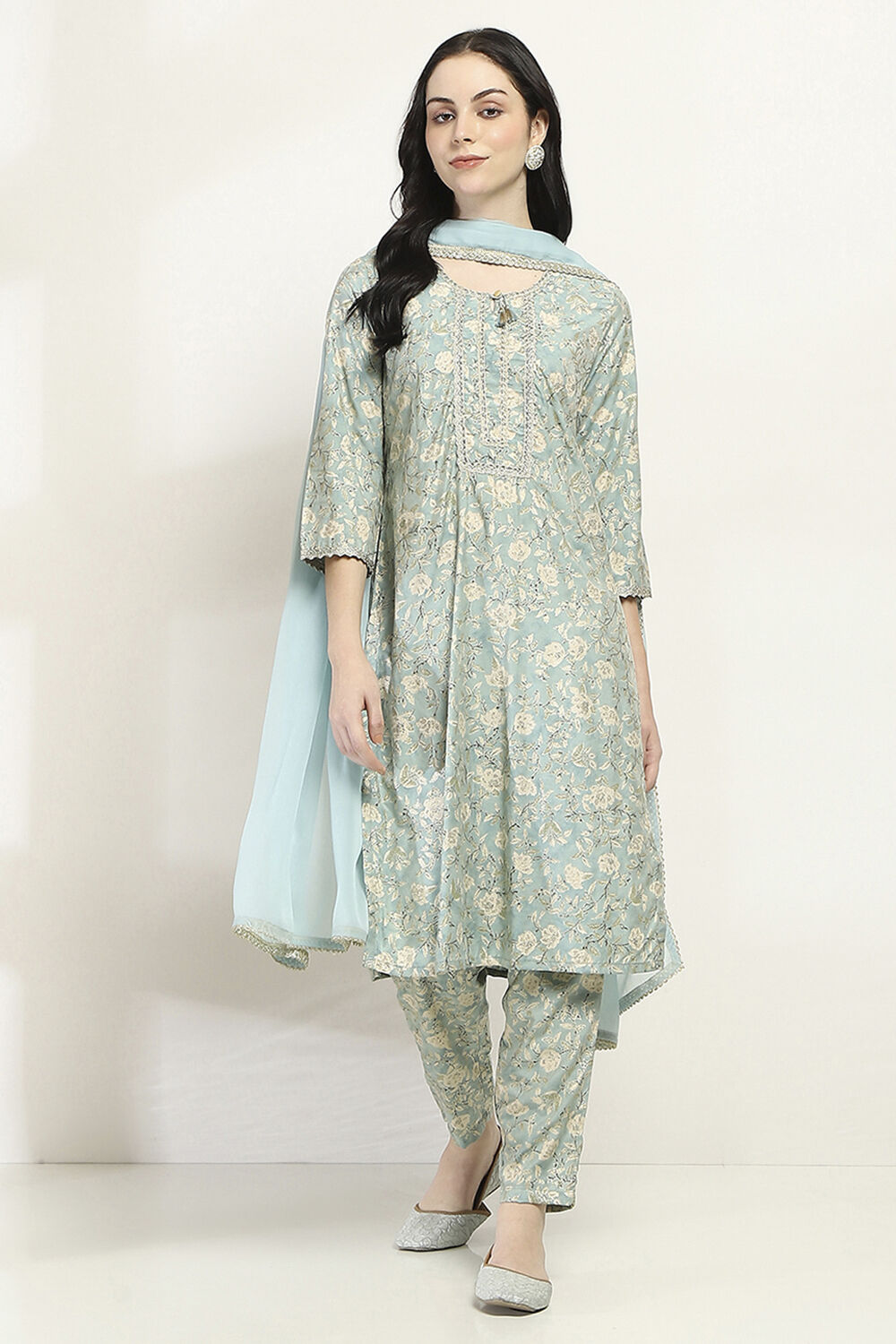 Ice Blue Printed Straight Suit Set image number 6