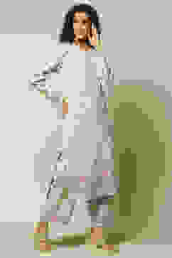 Ecru Jacquard Straight Printed Kurta Palazzo Suit Set image number 5