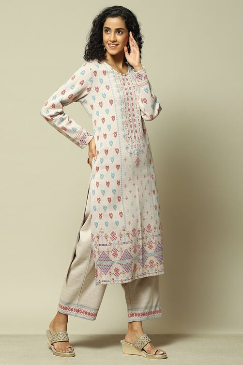 Ecru Jacquard Straight Printed Kurta Palazzo Suit Set image number 5