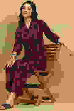 Red Viscose Blend Printed Gathered Kurta Palazzo Set image number 0