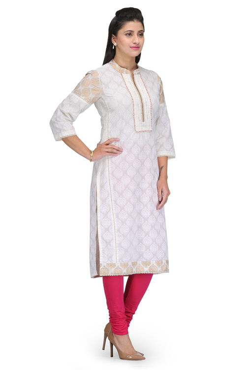 Off White Cotton Straight Kurta image number 1