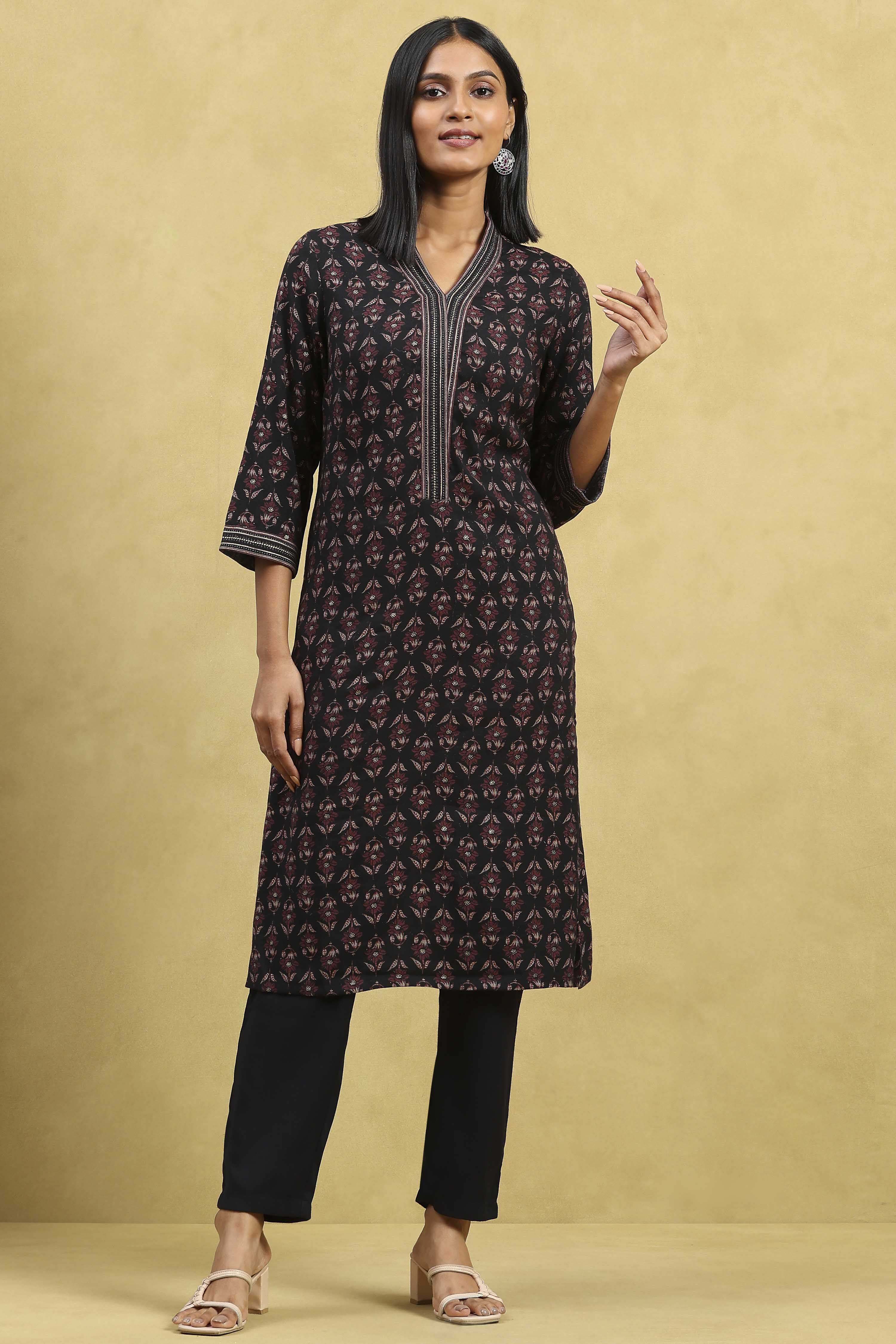 Brown Viscose Blend Printed Straight Kurta Pants Set image number 0