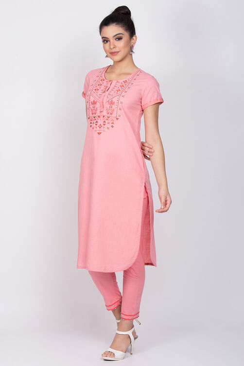 Peach Cotton Straight Kurta image number 2