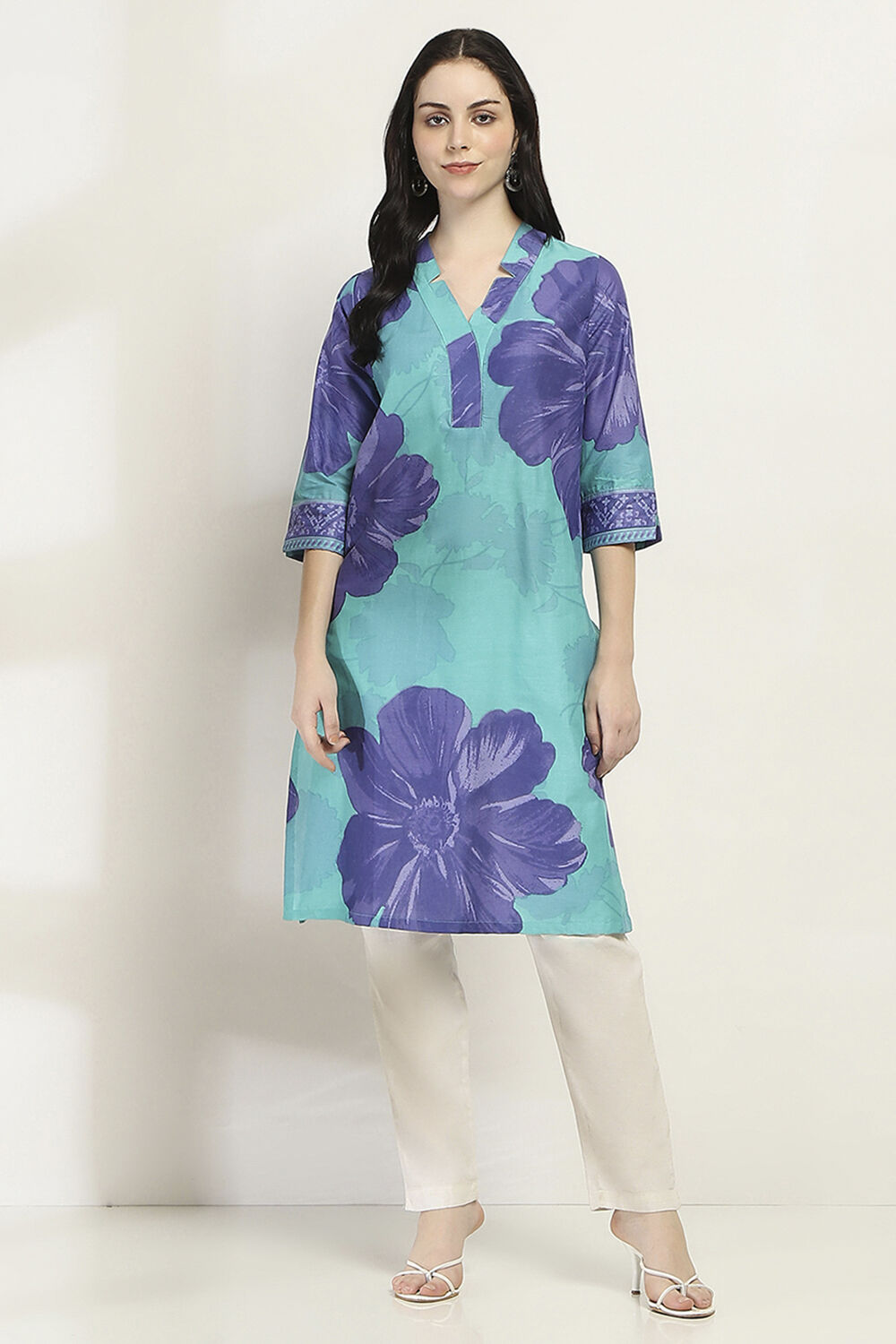 Orange Cotton Floral Straight Kurta image number 5