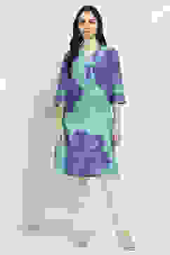 Teal Cotton Floral Straight Kurta image number 5