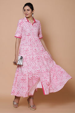 Pink Cotton Slub Tiered Dress image number 5