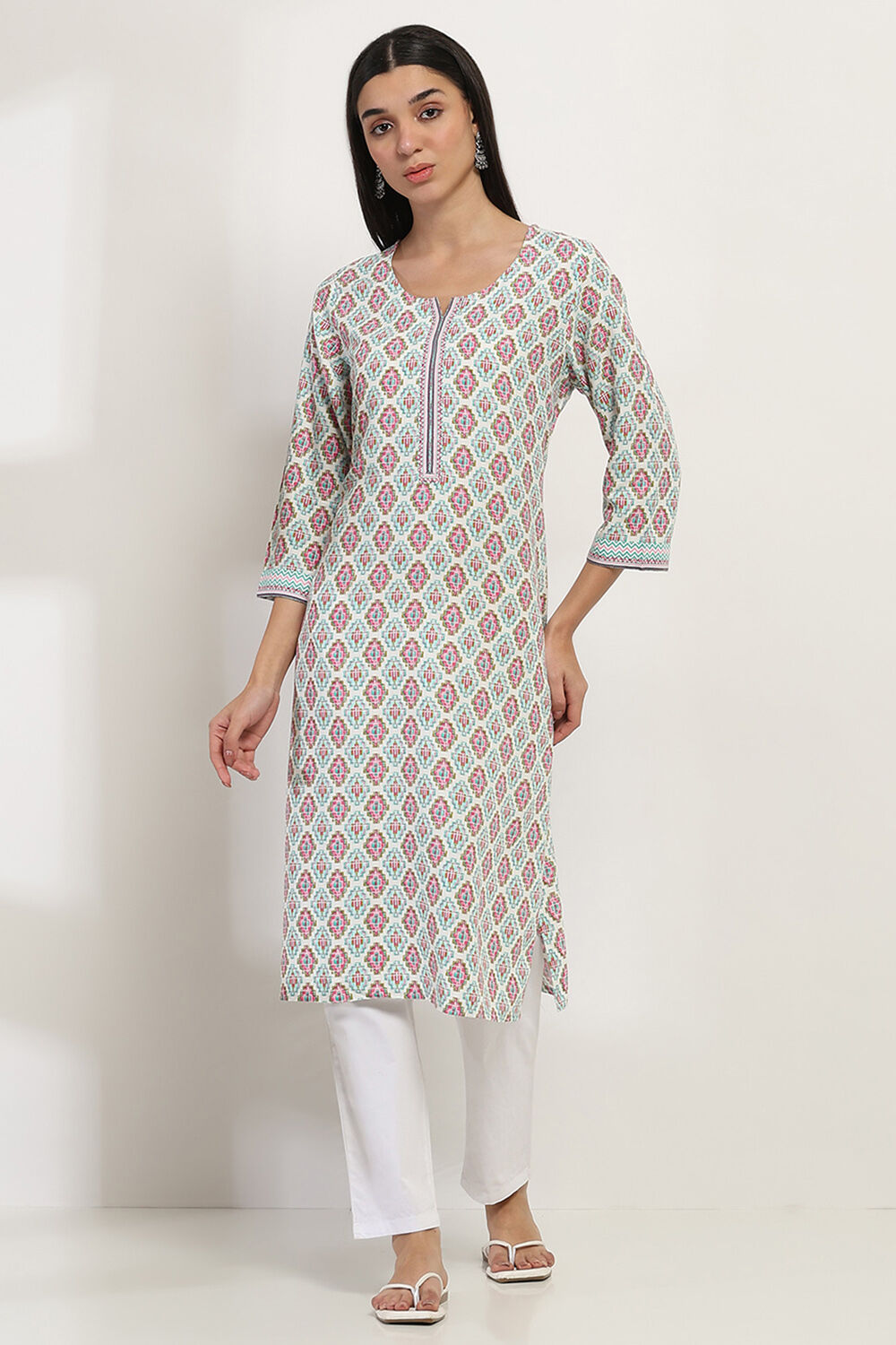 White and Teal Printed Straight Kurta image number 5