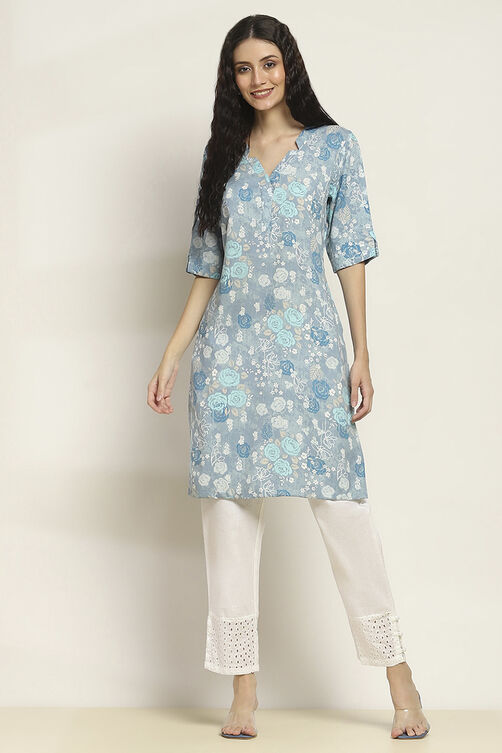 Blue Viscose Rayon Printed Straight Kurta image number 5