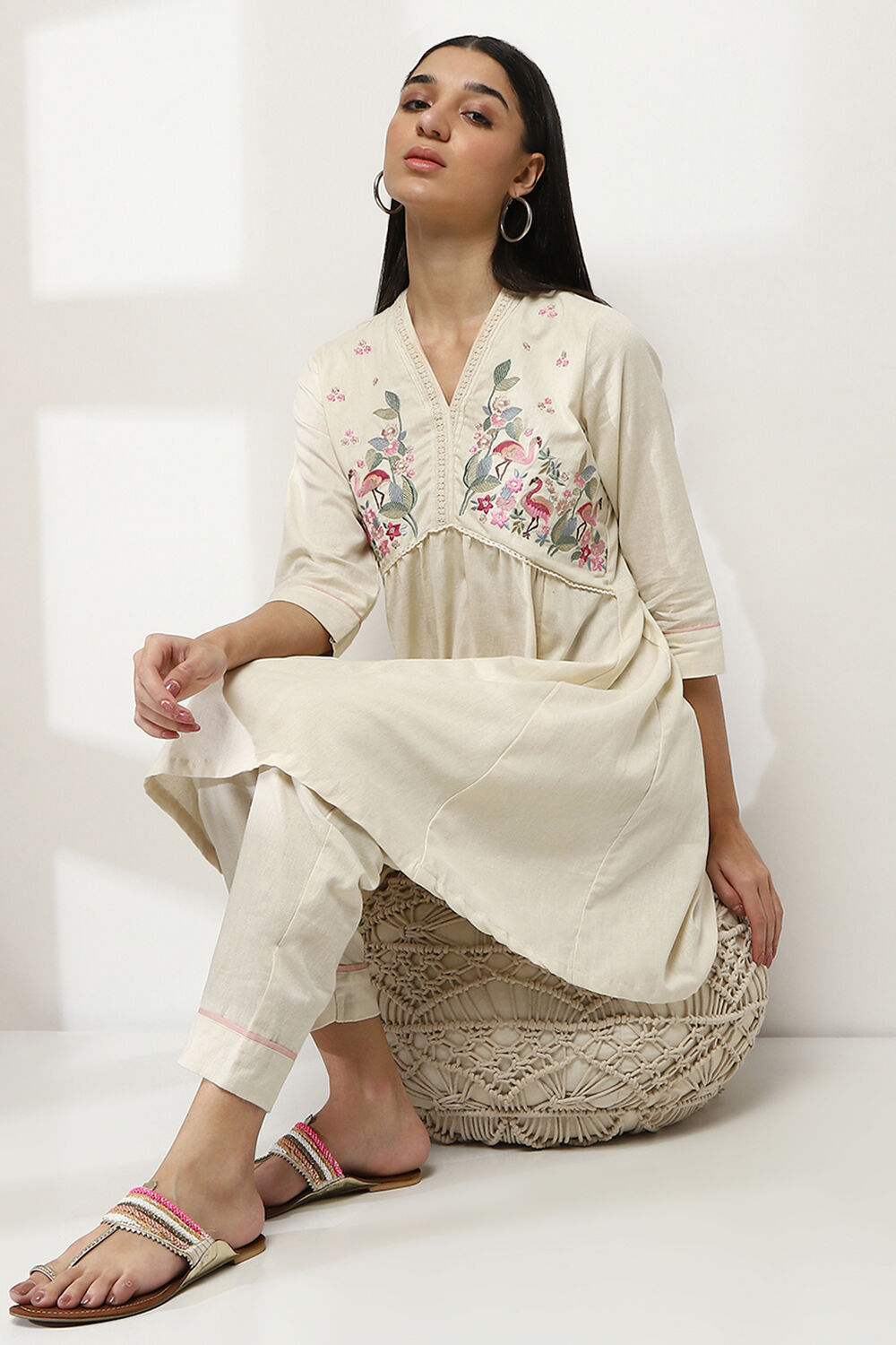 Ivory Cotton Gathered Kurta Set image number 0