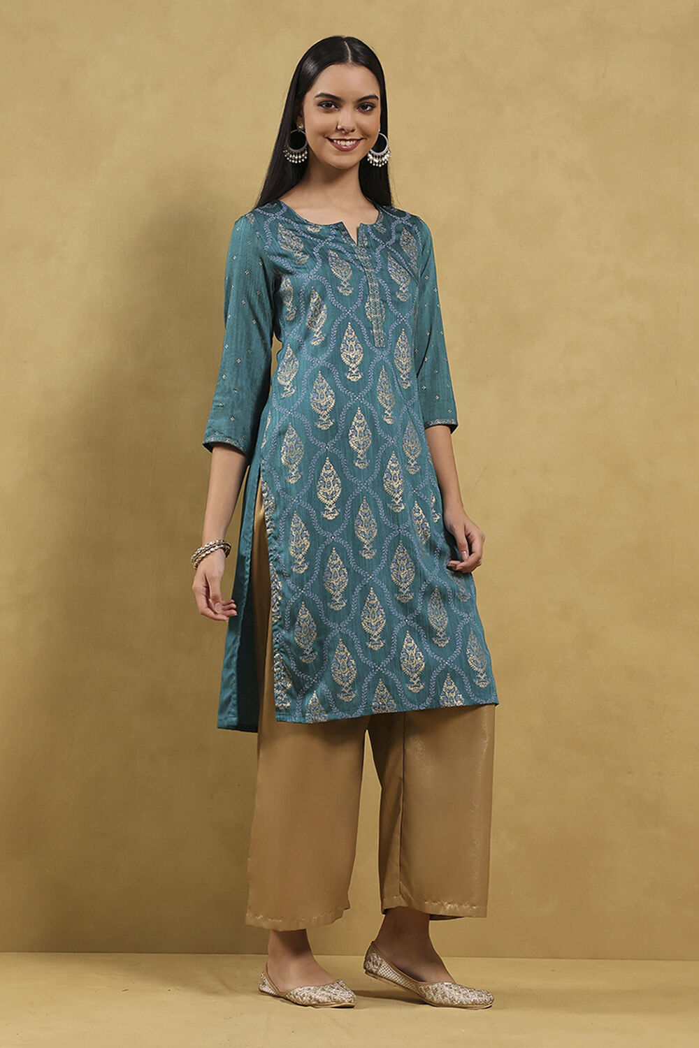 Teal Blue Printed Straight Kurta image number 4
