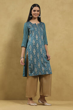 Teal Viscose Blend Printed Straight Kurta image number 4