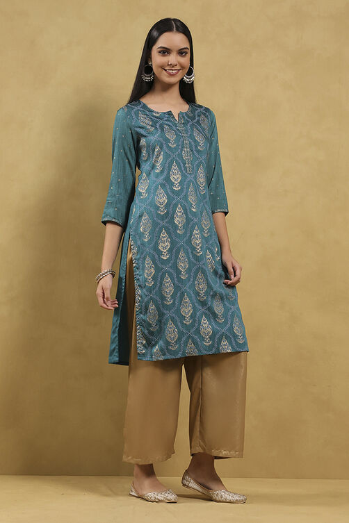 Teal Viscose Blend Printed Straight Kurta image number 4