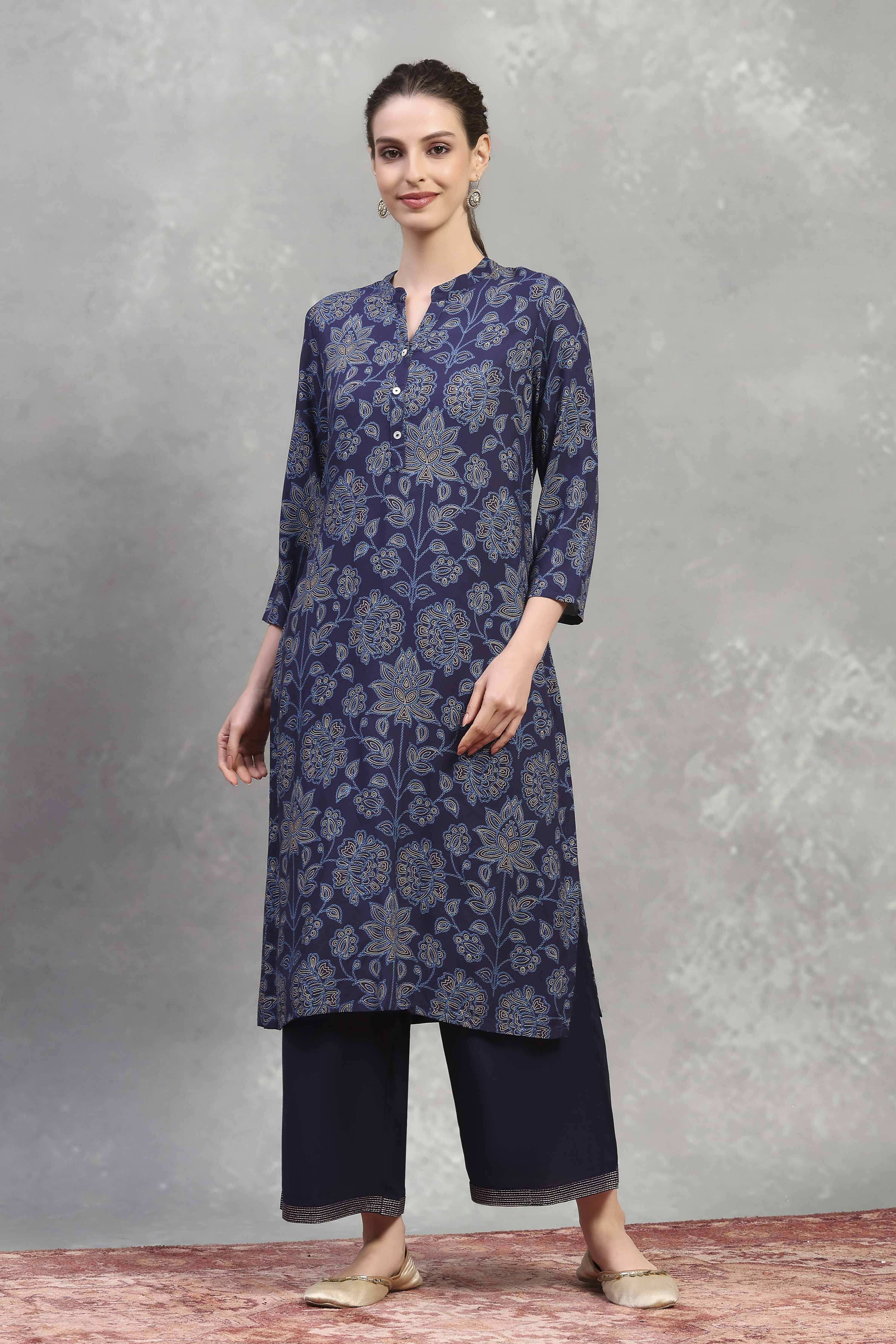 Blue Viscose Rayon Printed Straight Kurta image number 5