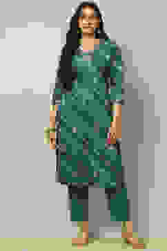 Teal Blue Cotton Straight Printed Kurta Pants Set image number 6