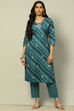 Teal Blue Cotton Straight Printed Kurta Pants Set image number 6