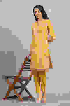 Yellow Cotton Printed Straight Kurta Pants Set image number 0