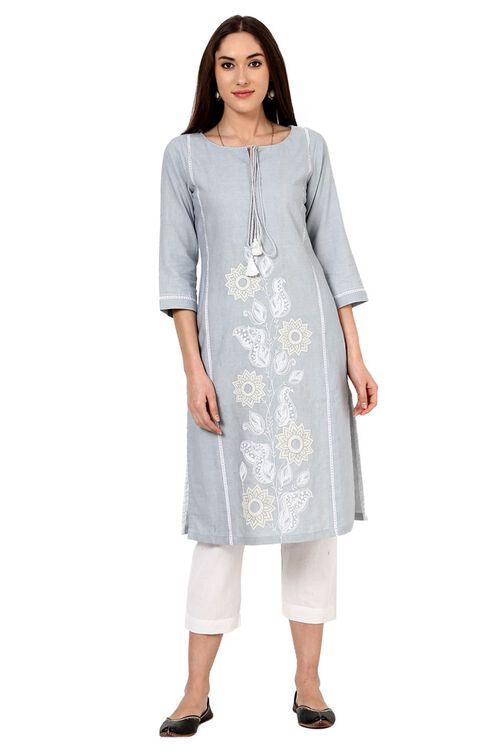 Grey Straight Cotton Kurta image number 0