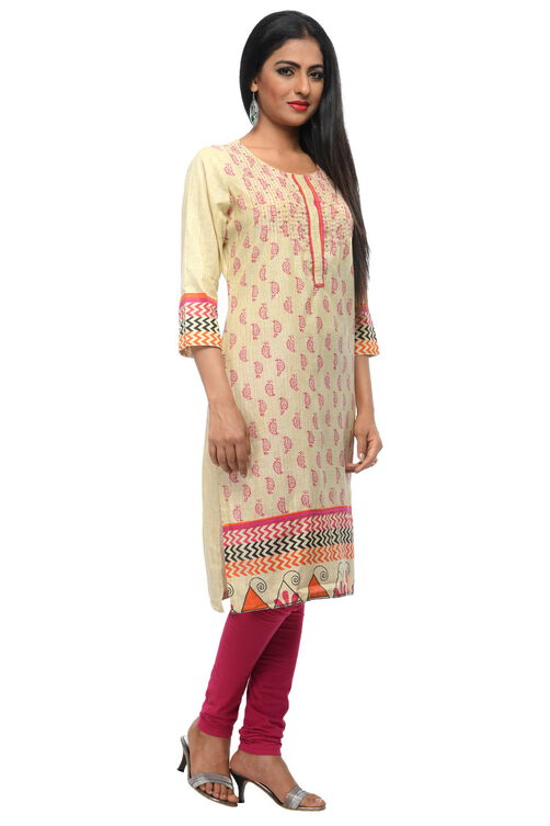 Beige Cotton Straight Kurta image number 2