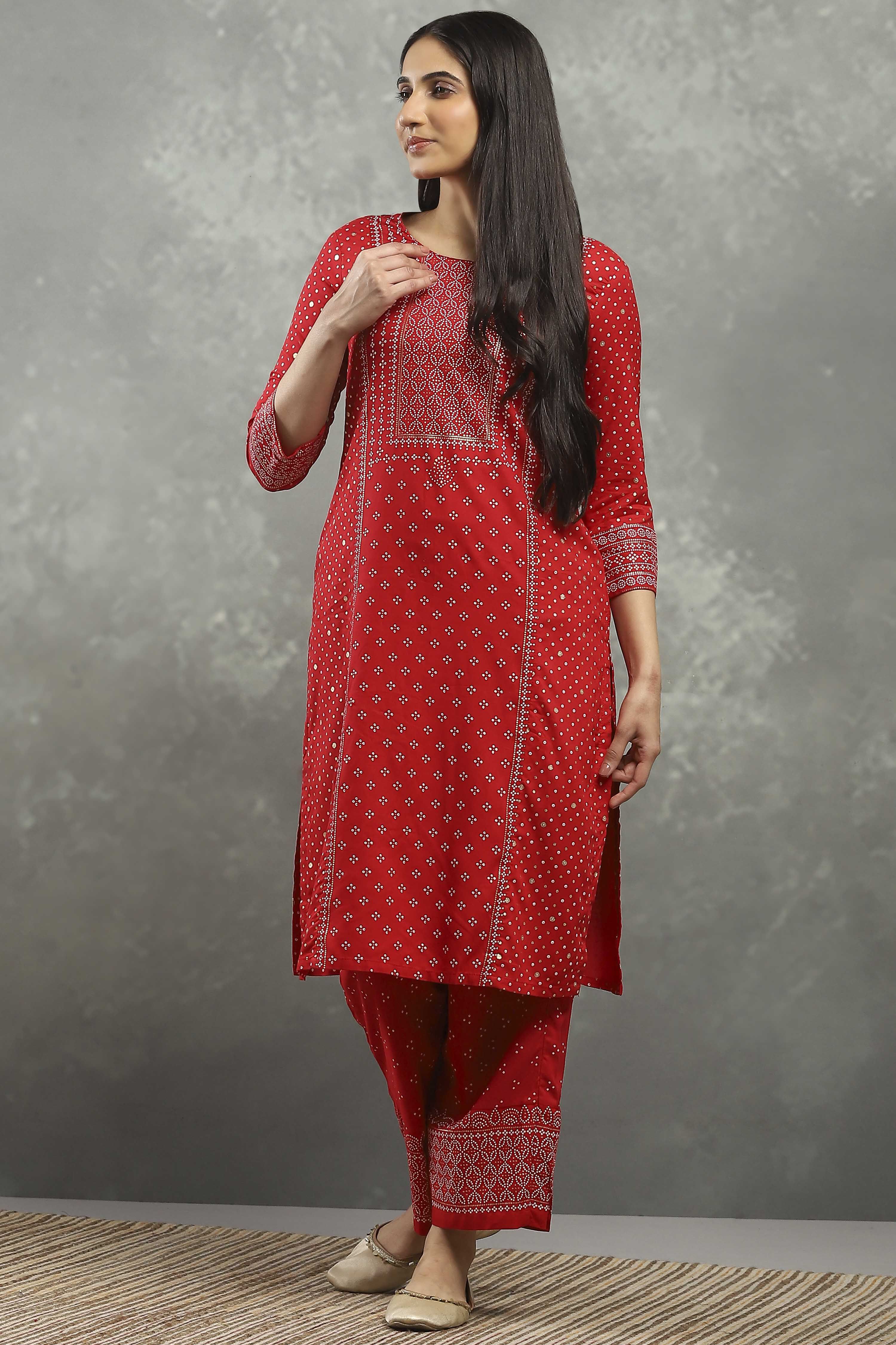 Red Viscose Flared Kurta Pants Set image number 0