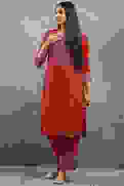 Red Viscose Flared Kurta Pants Set image number 0