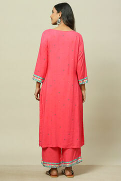 Pink LIVA Blend Woven Straight Kurta Suit Set image number 4