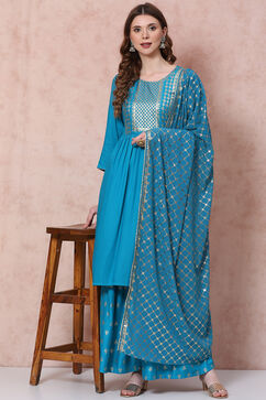 Teal Green Flared Printed Suit Set image number 7