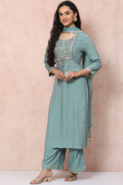 Green Viscose Rayon Straight Suit Set image number 5