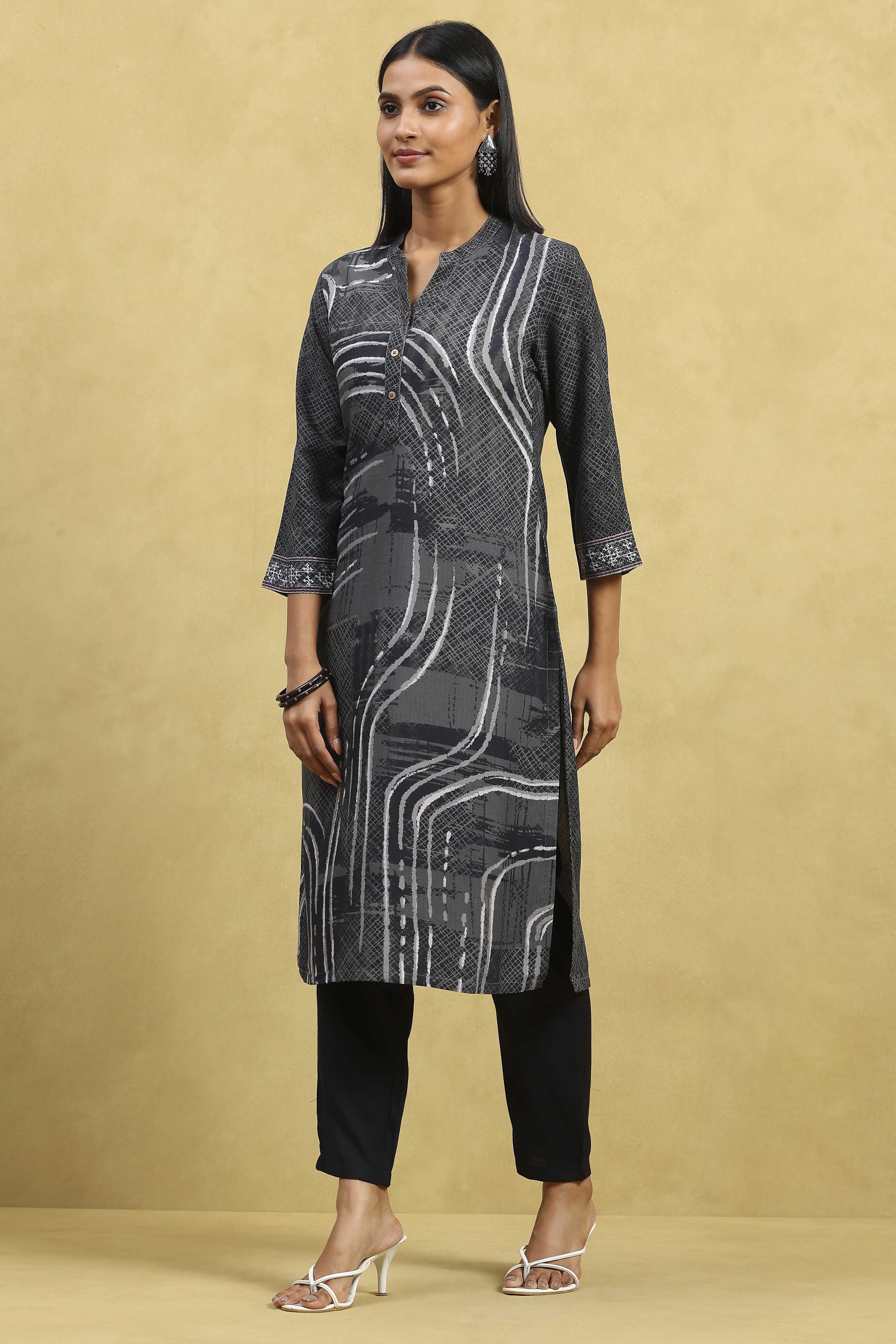 Grey Viscose Rayon Printed Straight Kurta image number 2