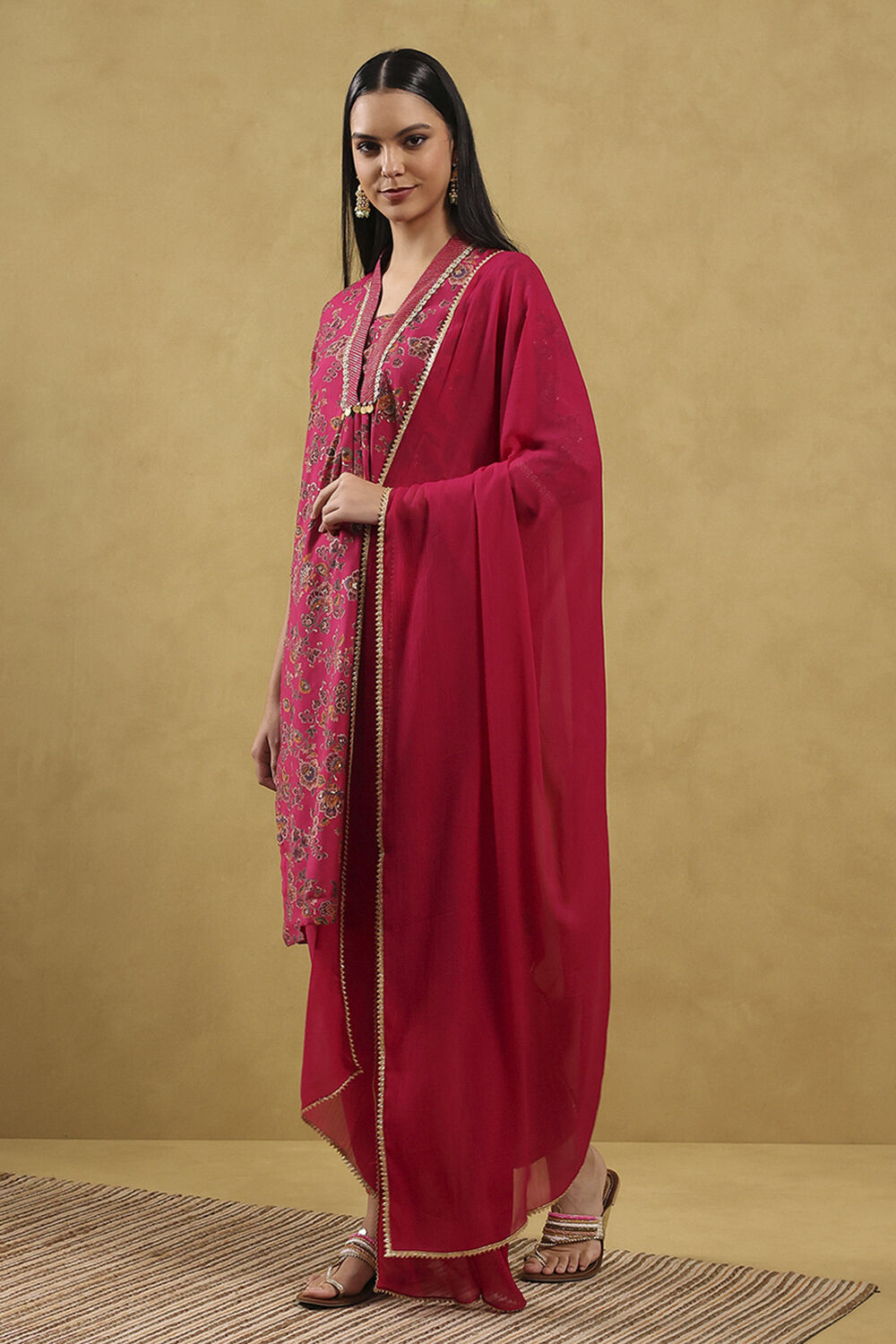 Pink Viscose Blend Printed Straight Suit Set image number 2