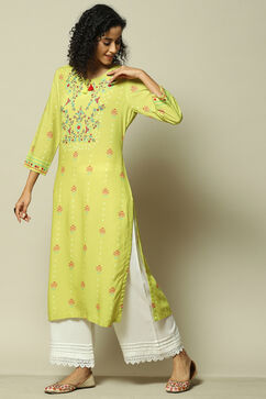 Lime Yellow LIVA Straight Printed Kurta image number 2