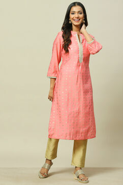 Pink LIVA Straight Kurta image number 3