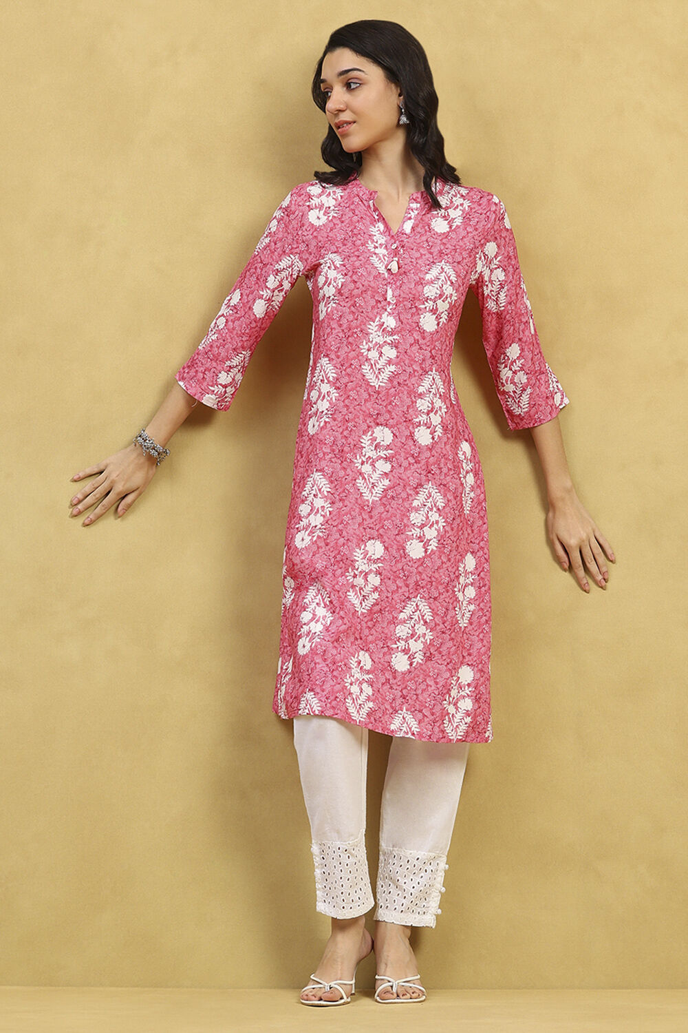 Pink Viscose Rayon Printed Straight Kurta image number 0